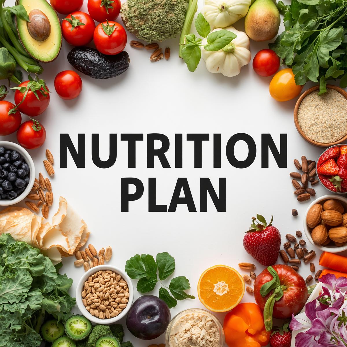 Alltagstauglicher Ernaehrungsplan mit Lebensmitteln rund um den Titel Nutrition Plan